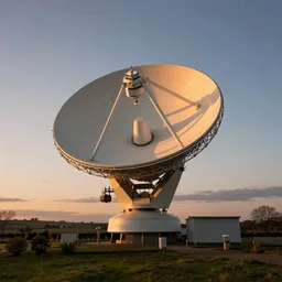 Jodrell Bank radio telescope dish at sunset photographed across the Cheshire plane with a wide lens