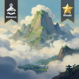a painting of a landscape with mountains and clouds, a matte painting by rhads, behance contest winner, fantasy art, 2 d game art, matte painting, concept art