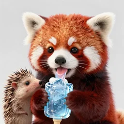 high quality 3 d render hyperrealist very cute lowbrow happy red panda & hedgehog hybrid eating ice cream, vray smooth, detective pikachu, very dramatic light, low angle, uhd 8 k, shallow depth or field