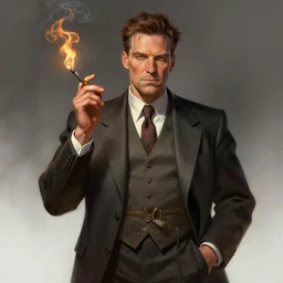a highly detailed illustration of j. r oppenheimer smoking a glowing nuclear cigarette, dramatic pose, intricate, elegant, highly detailed, centered, digital painting, artstation, concept art, smooth, sharp focus, league of legends concept art, wlop.