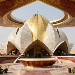 central altar in the interior of a futuristic lotus temple with gold, red and white marble panels, in the desert, by buckminster fuller and syd mead, intricate contemporary architecture, photo journalism, photography, cinematic, national geographic photoshoot