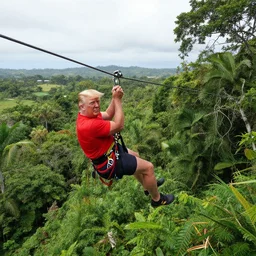 ultra wide angle of donald trump zip lining in costa rica, hyperreal, national geographic
