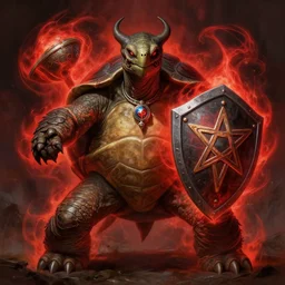 magic : the gathering fantasy artwork by franz frazetta, high resolution. a clear portrait of an evil - looking, anthropomorphic tortoise, no clothing just in a shell, wearing a magic amulet, holding a pentagram shield, and radiating red arcane energy aura, gritty coloring, intricate, digital painting, artstation, smooth, sharp focus