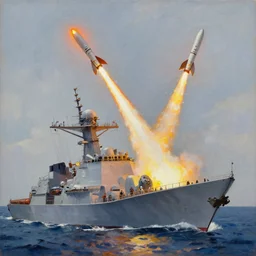 zumwalt class destroyer launches missiles, oil on canvas, 1 8 8 2
