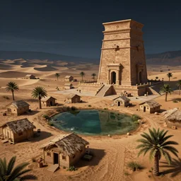Desert City, Small houses, large temples, a small oasis, a small palm trees; night; Unreal Engine 4