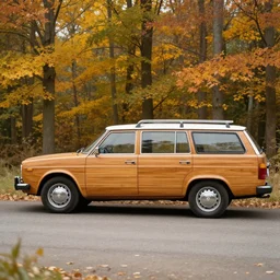 7 0's station wagon with wooden sides parked in an autumn forest near a cosy wooden house, golden leaves, golden hour. detailed digital art, behance, artstation, masterpiece