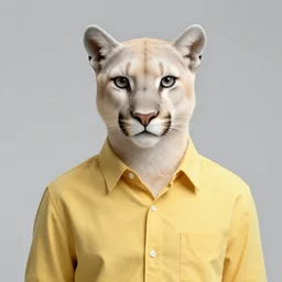 character portrait of a anthro albino mountain lion wearing a yellow button-down shirt and green slacks. hidari, color page, tankoban, 4K, tone mapping, Akihiko Yoshida.