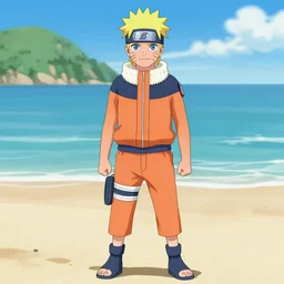 Naruto in trunks in the beach
