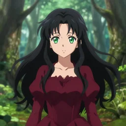 isekai enchanted forest cute bombshell anime alchemist with flowing black hair, burgundy dress. green palette symmetrical face. symmetrical detailed defined eyes. beautiful lineart. bokeh pixiv # 1 ranking depth focus, chromatic aberration, noise, soft lighting, srgb, 4 k, cinematic rembrant kuvshinov ross tran john sargent leyendecker wlop guweiz