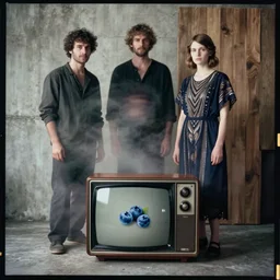 kodak portra 4 0 0, wetplate, a big vintage television on the floor, muted colours, blueberry, 1 9 2 0 s style, motion blur, portrait photo of a backdrop, concrete, wood, fog, by georges melies and by britt marling