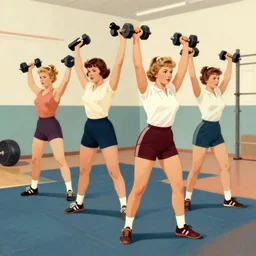 girls weighlifting dumbells in a gym, very coherent, 1 9 6 0 s propaganda poster art, four tone, muted colors