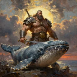 oversized muscular whale as barbarian with chest armor and sword in epic pose and hard backlight from sunset  , very textured detailed oil painting panoramic backlight portrait by rembrandt, backlight, dramatic clouds ,sun rays