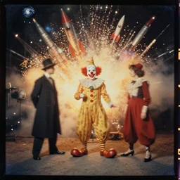 kodak portra 4 0 0, wetplate, muted colours, blueberry, 1 9 1 0 s style, motion blur, portrait photo of a backdrop, explosions, rockets, sparkling, clown, by georges melies and by britt marling