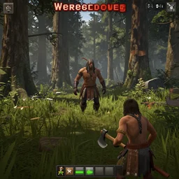 a the forest game screenshot wit the tribal enemy in the middle of the screenshot the player is holding a axe ultra realistic