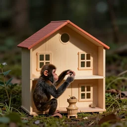 an ape playing with a doll house