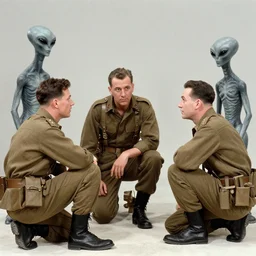 Army Soldiers and Gray Aliens having a discussion. 1940s photograph.