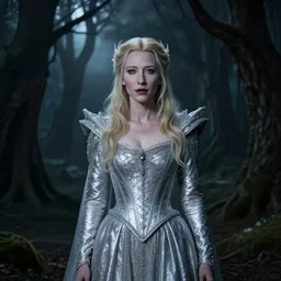 portrait of ((mischievous)), baleful young Cate Blanchett as Galadriel as a queen of fairies, dressed in a beautiful silver dress. The background is a dark, creepy eastern europen forrest.  night, horroristic shadows, high contrasts, lumnious,  photorealistic, dreamlike, (mist filters), theatrical, character concept art by ruan jia, thomas kinkade, and J.Dickenson, trending on Artstation