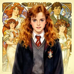poster artwork, emma watson as hermione granger [ 2 0 0 4 ], medium shot, details, sharp focus, illustration, by jordan grimmer and alphonse mucha and greg rutkowski and pine ( ハイネ ) and 薯 子 imoko and 香 川 悠 作 and maya takamura and makoto shinkai and thomas kinkade