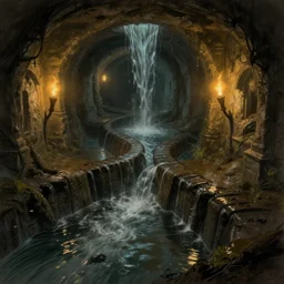 intersection of flooded sewer tunnels. fantasy art, underground, stream, musty, damp, sewage, darkness, water fall, underground, catacombs, abandoned spaces, torchlight. sketch art earthdawn campaign setting. myth drannor. parlainth.