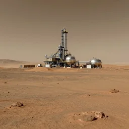 a matte painting of a Martian landscape with a shiny metallic refinery in the background