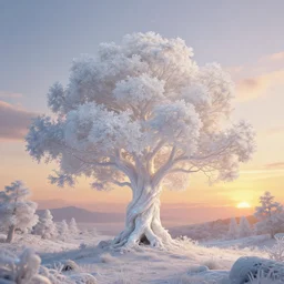 an enchanted white shimmering iridescent tree in the middle of a stunning fantasy landscape during sunset, golden hour, soft illumination, by daniel conway, daniel jean - baptiste and andreas rocha, highly detailed, fantasy, concept art, sharp focus, trending on artstation, beautiful digital art