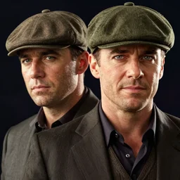 portrait close - up kevin mckidd ciaran murphy, olive green flat cap and gilet suit, dark, gta v cover!!