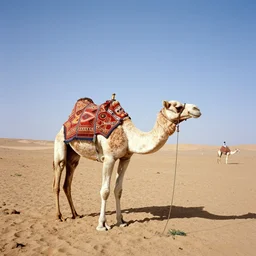 A analog 1970 photography of a nomad anf a camel in the middle of Sahara, no clouds on the sky, hot temperature, no water, desperation is taking its hold
