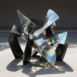 metal sculpture geometric twisting forms and iridescent glass elements with sunlight creating beautiful reflections on the ground style of ivan black, katsuyo aoki, jack storms, yunchul kim, anthony howe