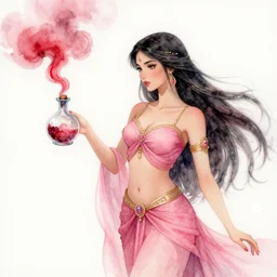 watercolor painting of a beautiful genie in a pink outfit, red and black smoke coming from her genie's bottle