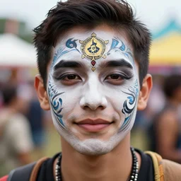 the face of a happy and calm person at a festival who has intricately detailed face paint, beautiful face, detailed eyes, award winning, 8 k