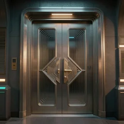 a 1 9 8 0 s sci - fi art - deco double door by stanley artgerm lau highly detailed, sharp focus, cinematic lighting, octane render, unreal engine lumen, very coherent. cinematic, hyper realism, high detail, octane render, 8 k