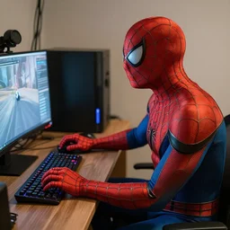 a hyper - realistic photo taken with an iphone of a man dressed as spider - man playing video games on a pc, super highly detailed, photorealistic