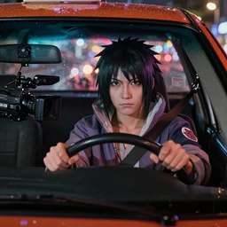 itachi as a real life person, taxi driver with steering wheel in his hands looking at you from the car, shot from professional camera, ultra realistic, rim light, rainy weather, vivid lights night time