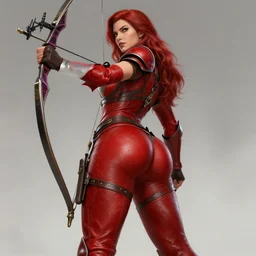 Female archer, dnd, d&d, leggins, red skintight leather armor, red hair, Low-Angle, visible face!, beautiful face!, alluring, D-cup, toned derriere, high fantasy, realistic!, extremely detailed, matte painting, by wlop and Frank Franzzeta, artstation, cgsociety