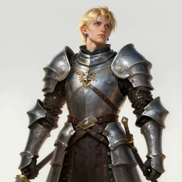 A digital painting of highly detailed full body shot of a proud young elven knight in the style of Warhammer Fantas, short blonde hair, blue eyes, sapphire earrings, no helmet, low angle shot, highly detailed  , by Stanley Artgerm Lau, frank frazetta, Rossdraws, James Jean, gerald brom, Andrei Riabovitchev, Marc Simonetti, and Sakimichan, trending on artstation, SFW version