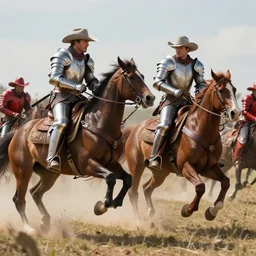 cinematic shot of cowboy outriders on horseback wearing silver suits of armor and cowboy hats fighting in battle against enemies that are wearing red armor by Greg Rutkowski, 4k, masterpiece