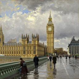 gustave caillebotte painting of london in sunny rainy day, big ben