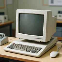 color 2 0 2 2 digital photo of a personal - computer designed in the 1 9 7 0 s, in a workshop. it has two crt monitors displaying a colorful gui, and has a magnetic - tape reader, a pen tablet, and a mechanical keyboard. cassette futurism ; retrofuturism.