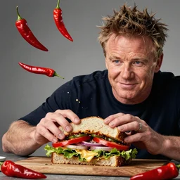 gordon ramsey making a sandwich with a human head, chillis fall from the sky, cinematic, hdr, 4 k, ultrarealistic, trending on artstation, trending on deviantart