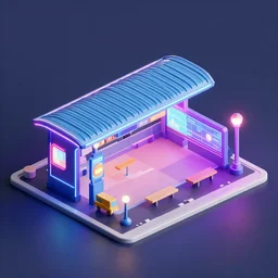3 d render of bus station, colourful neon, low poly, isometric art, octane render, corona render