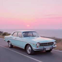 an old 1 9 8 0 s car parked off the road, pink sunset, ocean in distance, oil painting, pale colors, high detail, 8 k, wide angle, trending on artstation,