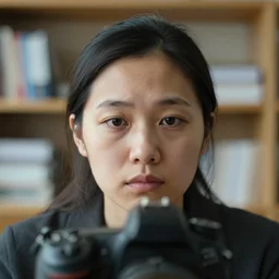 closeup headshot photo of a poor office lady, shelf background and photography by Gregory Crewdson, visible details, Nikon D850, f/5.6, ISO 100