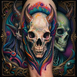hyper detailed masterpiece animal skull alien tattoo warrior by donato giancola and tom bagshaw, face by artgerm and edmund leighton, and h. r. giger, trending on artstation, colorful, psychedelic aesthetic, ornate, background by james jean, 8 k, biomechanical, majestic, volumetric lighting, porcelain skin, concept art, sharp focus