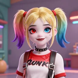 lofi biopunk portrait of harley quinn, modern background, Pixar style, by Tristan Eaton Stanley Artgerm and Tom Bagshaw.