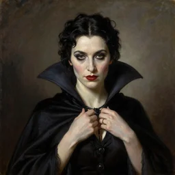 A beautiful painting of a lady vampire, victorian, dracula, ominous, oil on canvas, photorealism, alphonse mucha, irwin penn, high definition, soft light