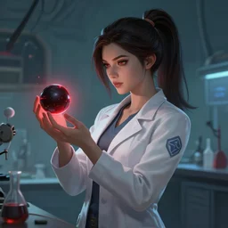 a league of legends concept art of a beautiful young female scientist in a laboratory holding in her hands a small black sphere with red glow, art by greg rutkowski, ponytail, elegant, sharp focus, morandi color scheme, illustration, high quality, highly detailed, digital art, hyperrealism