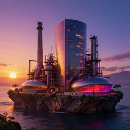 industrial architecture by ludwig mies van der rohe, cosmic infrared darkacademia architecture island at fall lightpaint magic realism san andreas neon noir landscape universe morning sun at dusk, archdaily, wallpaper, highly detailed, trending on artstation.