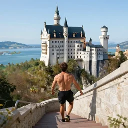 a physically fit man climbing steep stairs toward a beautiful storybook castle on a high cliff overlooking the ocean