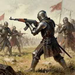 medieval drawing of a Knight in battle with a AK-47