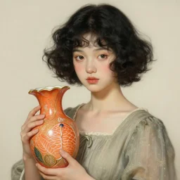 beautiful cottagecore of a girl with short black curly hair, round face, cute face, holding a salmon-coloured vase. intricate, elegant. highly detailed, digital painting, artstation, concept art, smooth, sharp, focus, illustration. . art by artgerm and greg rutkowski and alphonse mucha